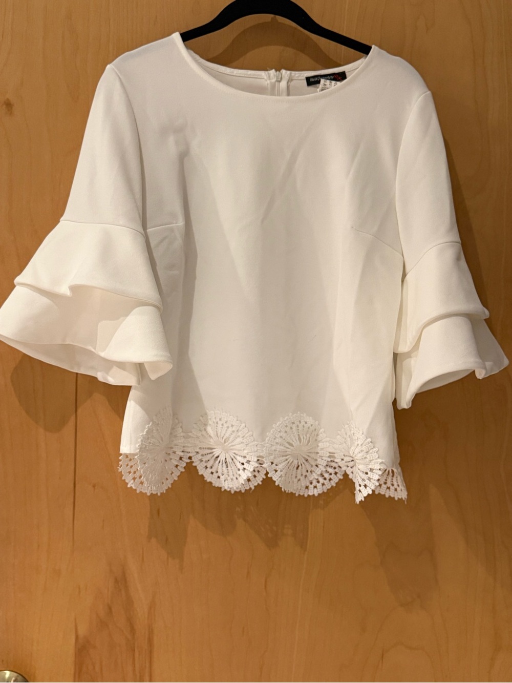 White Ruffle Sleeve Crochet Hem Blouse - Unknown Brand